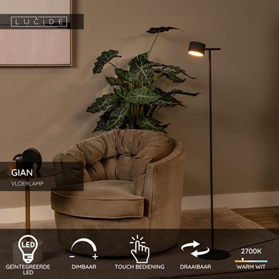 Lucide GIAN - Vloerlamp - LED Dimb. - 1x9W 2700K - Zwart